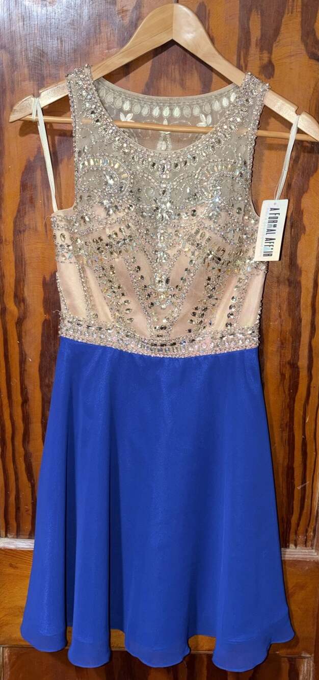 A Formal Affair Beaded Illusion Bodice Royal Blue Short Cocktail Dress